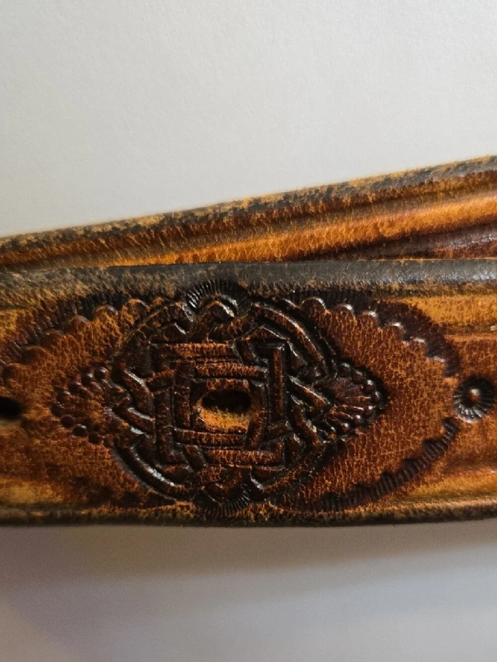 Vintage Tooled Brown Leather Belt with Brass Buckle - Picture 2 of 5
